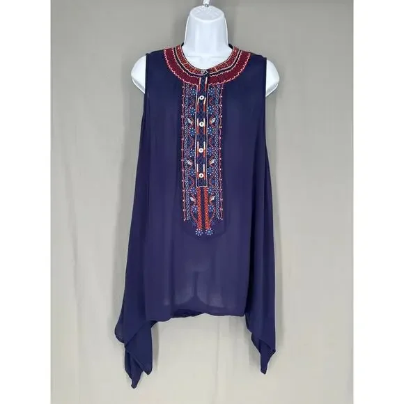 Umgee Top Womens Medium Navy Blue Tunic Flowy Embroidered Boho Bohemian Button - Picture 1 of 8